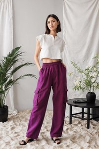 Pantalon cargo violet taille haute pour femme, coupe ample, longueur intégrale, en coton, taille élastique, décontracté, pour l'été, avec poches - Product Image 2
