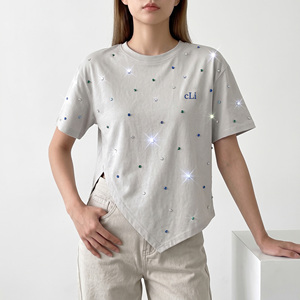 T-shirt asymétrique pour femme avec strass, col rond, style Y2K, personnalisable avec logo, 100 % coton, manches courtes - Product Image 5