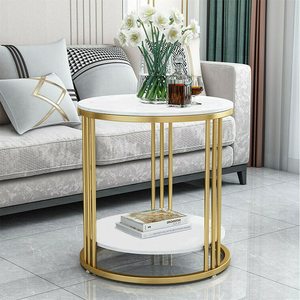 Modern <b>Round</b> Coffee <b>Table</b> Marble Look Double Tier <b>Side</b> <b>Table</b> Gold Metal Accent <b>Table</b> for Living Room - Product Image 1