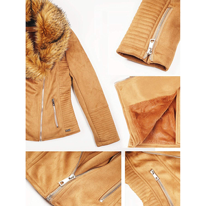 Veste moto en similicuir vert pour femme avec col en fourrure de renard, fermeture éclair, manches longues, style hiver, en cuir de vache véritable pour femme - Product Image 6
