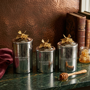 Handcrafted Silver & Gold Tone Hammered Metal Canister with Artisan Butterfly Motif <b>Decorative</b> Countertop Storage <b>Jars</b>/Container - Product Image 2