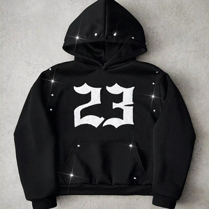 Sudadera con capucha para hombre, de algodón y forro polar, gruesa, extragrande, con hombros caídos, efecto desgastado, bordado gráfico, estilo streetwear. - Product Image 1