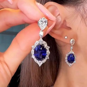 925 Moissanite Luxurious Halo Oval Cut Blue Sapphire Women's <b>Earrings</b> In Sterling Silver 18K White Gold Plated <b>Fine</b> <b>Earrings</b> - Product Image 2