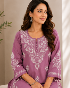 Mauve Embroidered <b>Chikankari</b> Straight <b>Kurta</b> with White Palazzo Set Buy Direct From Supplier - Product Image 2