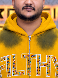 Sudadera con capucha y cremallera para hombre, estilo urbano oversize, de forro polar, con pedrería, diseño de logotipo frontal y estampado tie-dye amarillo y verde - Product Image 4