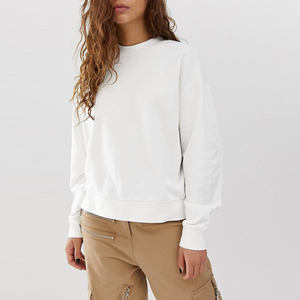 Sweat-shirt en tricot 100 % coton blanc à col rond et manches longues pour femme, couleur unie, respirant, décontracté - Product Image 4