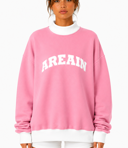 Pink <b>White</b> Mock Neck <b>Sweatshirt</b> with Large <b>White</b> Arched Front Lettering Long Sleeves Contrast Cuff Hem Trim Custom Logo Clothing - Product Image 1