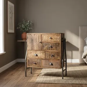 Cómoda Industrial de Madera con Siete Cajones, Gabinete de Almacenamiento con Patas Metálicas, Mueble Rústico para Dormitorio o Sala de Estar - Product Image 5