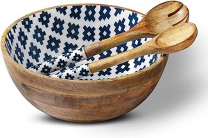 Bol à salade en bois de manguier avec impression émaillée, bol mélangeur, sûr pour les aliments, facile à nettoyer, bol de service pour la maison et les fêtes - Product Image 5