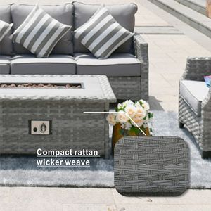 5-Piece Gray Cushioned Wicker Patio Fire Pit Sectional Seating Set with <b>Low</b> and Tall <b>Tables</b> - Product Image 3
