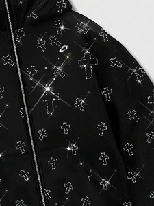 เสื้อฮู้ดดี้ผู้ชายไซส์ใหญ่พิเศษ สีดำ พิมพ์ลายกากเพชรรูปกากบาท ผ้าฝ้ายฟลีซ 100% ซิปแบบสวมใส่สบาย เหมาะสำหรับฤดูหนาว แขนเสื้อแบบปกติ - Product Image 6