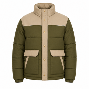 Wholesale Custom Men's <b>Thick</b> Puffer Jacket Woven Polyester Color Block Design Stand Collar Zipper Closure Streetwear <b>Winter</b> <b>Coat</b> - Product Image 1