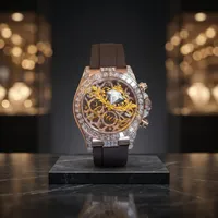 CZ Diamant-Zifferblatt Quarz Luxus Herrenuhr mit Edelstahl Rundgehäuse 20mm Braunes Armband Hip-Hop-Stil Datumsanzeige