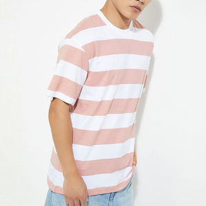 T-shirt à manches courtes rayé rose et blanc pour homme, col rond, coupe classique, décontracté, 100% coton jersey tricoté - Product Image 1