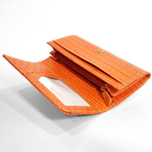 [New Item] Castello Croco Print Embossed Cowhide Leather Long <b>Wallet</b> W/snap Button Closure & Multiple Compartments Women Orange - Product Image 2