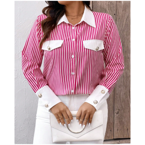 Camisa de Popelina de Alta Costura para Mujer, Formal, a Rayas, de Manga Larga, con Hombros Caídos, Cuello y Puños en Contraste, Botones Frontales y Bolsillo con Solapa en el Pecho - Product Image 3