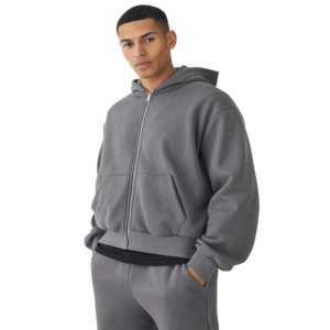 Men's Gray <b>Hooded</b> Tracksuit Set Full <b>Zip</b> Sweatshirt Solid Color Cotton Fleece Casual Wear with Side Pockets Autumn Style - Product Image 3