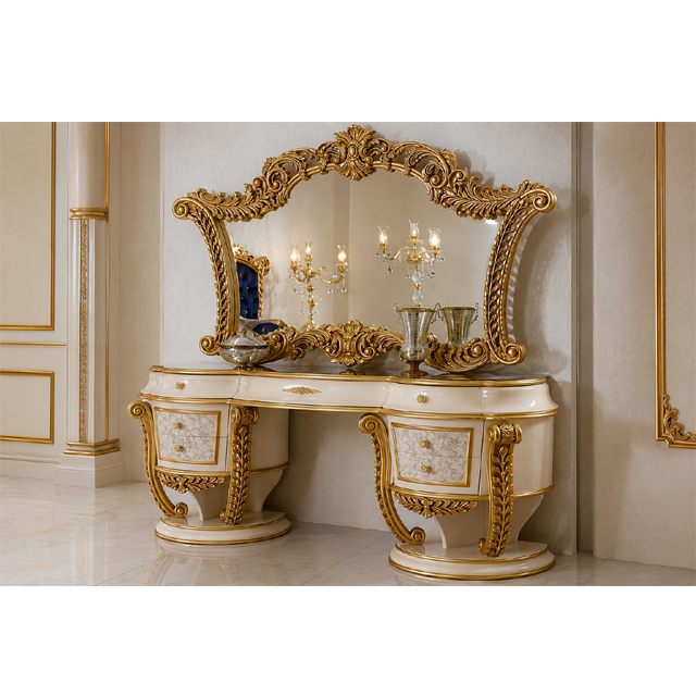 Antique Teak Wood Carved Modern Luxury Dressing Table with Mirror and Console Set Customizable Size & Color