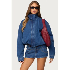 Women blue Color Cropped Leather Avirex Jacket Women Turn-Down Collar <b>Zipper</b> Leather Jacket Avirex Leather Jackets for Women - Product Image 2