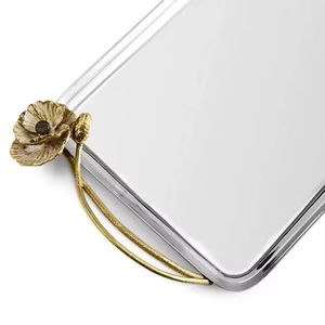 Rectangular Silver Mirrored Metal Decorative <b>Tray</b> with <b>Gold</b>-Plated Floral Handles - Product Image 4