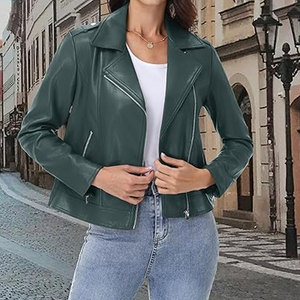 Chaqueta Bomber de Cuero Genuino para Mujer, Color Sólido, Cierre de Cremallera, Manga Larga, Cuello Alto, Estilo Otoñal, Tejido Transpirable - Product Image 5