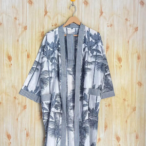 Bata Kimono de Algodón 100% Tejido con Estampado de Dibujos Animados para Mujer, Camisón de Verano Hecho a Mano, Cuello en V, Cintura Elástica, Largo Completo, Suave - Product Image 1