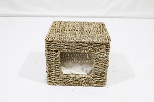 Casa para Mascotas Cuadrada de Mimbre, Cama Transpirable para Gatos con Cojín - Product Image 3