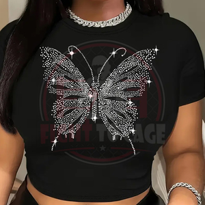 Butterfly Design <b>Rhinestone</b> Customization Comfortable Trendy Product Soft Touch Material Hand Made Crop <b>Top</b> Shirts For Women - Product Image 2