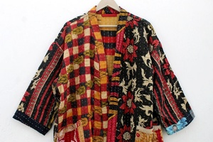 Recién llegado, chaqueta Kantha de algodón indio, chaqueta de edredón Kantha Vintage, Kimono largo clásico con cinturón y chaqueta de mujer de cuello grande - Product Image 2