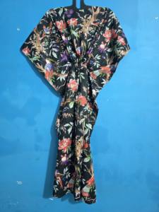 Kaftan indien en coton noir pour femme, imprimé oiseaux et fleurs, longue robe de plage, vêtement de nuit, kimono, robe à col en V avec ceinture, lavable, été - Product Image 4