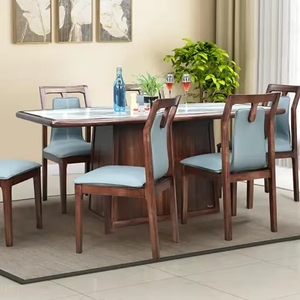 <b>Solid</b> <b>Wood</b> Dining <b>Table</b> Set 6 Seater, Marble <b>Top</b> Modern Wooden Furniture, Contemporary Kitchen Dining Set with Chairs - Product Image 1