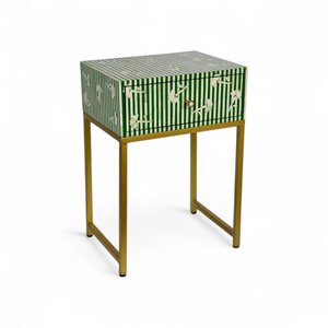 Vintage Green Striped Bone Inlay Work MDF Wardrobe With Metal Stand for Bedside table Decorative Art work For home office - Product Image 1