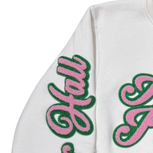 White Crew Neck Sweatshirt with Pink and Green Alpha Kapa Alpha Embroidery Long Sleeve <b>Pullover</b> <b>Womens</b> Casual Fashion Top Soft - Product Image 3
