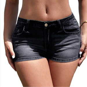 Women's Black Straight Cut Low Waist <b>Stretch</b> <b>Denim</b> Shorts Casual Style Skinny Jeans with Sexy Print Washed Technique - Product Image 4