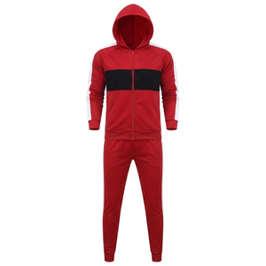 Chándal Rojo con Capucha para Hombre, Diseño Color Block, Cierre de Cremallera, Manga Larga, Ropa Deportiva Casual con Bolsillos Laterales, Ropa de Otoño - Product Image 1