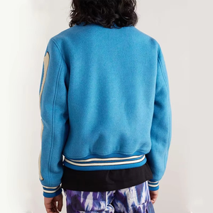 Customized Blue Woolen Varsity Jacket With Bone Applique Embroidery Turn-down Collar Men's Preppy Style Autumn Wear - Product Image 4