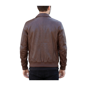 แจ็คเก็ตบอมเบอร์หนังสีน้ำตาลโบราณสำหรับผู้ชายพร้อมปกแหลม - Product Image 3