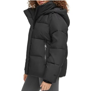 Chaqueta de Invierno Acolchada Negra para Mujer, con Capucha, Cierre de Cremallera, Manga Larga, Relleno Grueso de Poliéster, Color Sólido, Largo Regular - Product Image 3