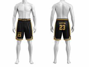 กางเกงบาสเก็ตบอลสีดำทองแบบกำหนดเองสำหรับผู้ชาย ไซส์พลัส เอวยางยืด พิมพ์ลายแบบซับลิเมชั่น สไตล์เบอร์มิวดา ชุดกีฬา - Product Image 1
