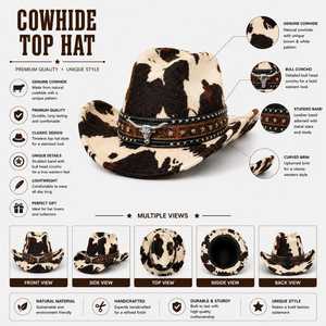 Sombrero de Vaquero de Cuero con Estampado de Vaca, Unisex, para Adultos, Estilo Casual para las Cuatro Estaciones, Bordado a Mano, AMS SPORTS INTL, 56-58 cm - Product Image 6