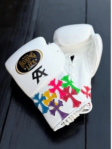 Professional No Boxing No Life Canelo White Multi Real Cowhide Leather Boxing Gloves Mexican Style Lace-Up Lightweight - Product Image 4