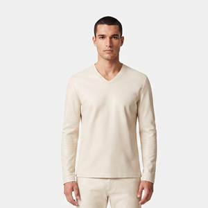 T-shirt en cuir véritable à col en V pour homme, T-shirt en cuir à manches courtes pour homme, T-shirts en cuir à manches longues pour homme - Product Image 6