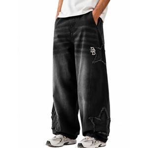 Jean baggy noir délavé surdimensionné pour homme, coupe large, en denim déchiré avec patch brodé blanc, style streetwear - Product Image 3