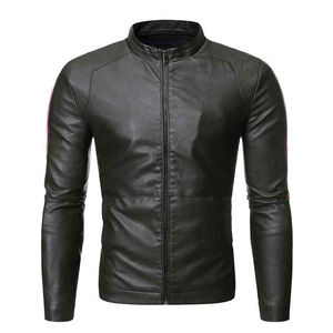 Veste moto en cuir PU marron pour homme, col montant, fermeture éclair, coupe ajustée, pour l'automne - Product Image 5