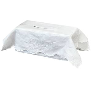ปลอกใส่กระดาษทิชชูปักลายดอกไม้สีขาว ปลอกกล่องทิชชูทรงสี่เหลี่ยมขอบหยัก ผ้าลินินสีขาว ตกแต่งบ้านและโรงแรม - Product Image 1