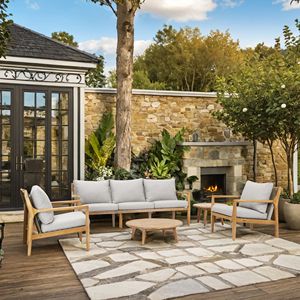 Set da conversazione da esterno in legno massello di acacia a 5 pezzi, divano componibile con cuscini e tavolino, modello D0100XFZ9J6 - Product Image 1