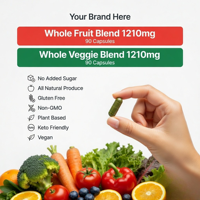 Compléments alimentaires à base de fruits et légumes sous marque privée, fabriqués avec des superaliments entiers et 90 capsules de légumes et 90 capsules de fruits