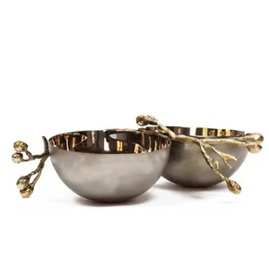Serving <b>Bowl</b> Modern Style Dual <b>Deep</b> Basin Brass Bud Branch Accent Stainless Steel Snack Candy Dishes Wedding Catering Serving - Product Image 1