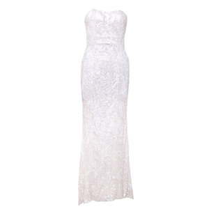 Robe longue blanche en dentelle à paillettes sans bretelles pour femmes |   Robe de soirée moulante à col cœur et motif floral pour réception de mariage - Product Image 3
