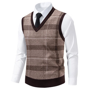 Chaleco de punto sin mangas a cuadros para hombre, suéter con cuello en V para otoño, ropa de negocios, chaleco de punto de poliéster con forro polar para hombre - Product Image 4